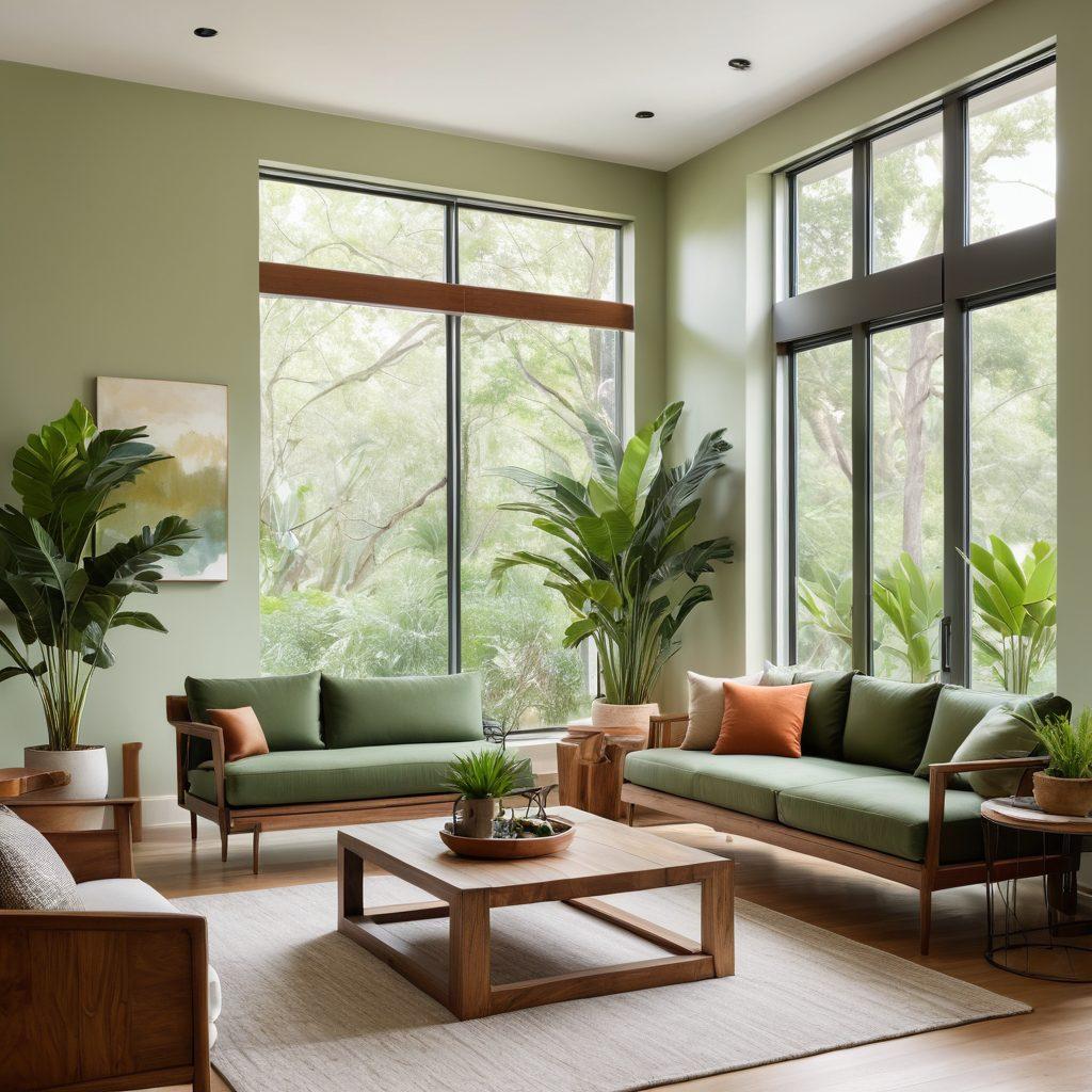 A cozy modern living space featuring lush indoor plants, elegant minimalist furniture, and bright, airy natural light. Include eco-friendly renovation elements like recycled materials and energy-efficient lighting. Showcase an inviting color palette of soft greens and earth tones, enhancing the feeling of tranquility and style. Capture the essence of affordable elegance in home decor. super-realistic. vibrant colors.