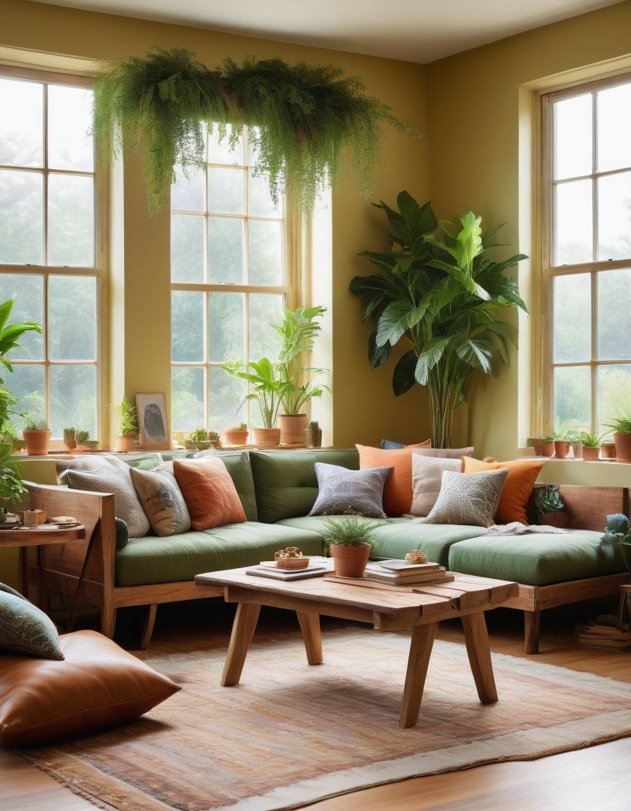 A cozy living room featuring eco-friendly decor elements like recycled wood furniture, lush indoor plants, and natural fabrics. Sunlight streaming through large windows, highlighting a serene color palette of greens and browns. Artistic wall hangings made from upcycled materials add a touch of creativity. Include a calm vibe with minimalistic design and sustainable accessories. super-realistic. vibrant colors. warm lighting.